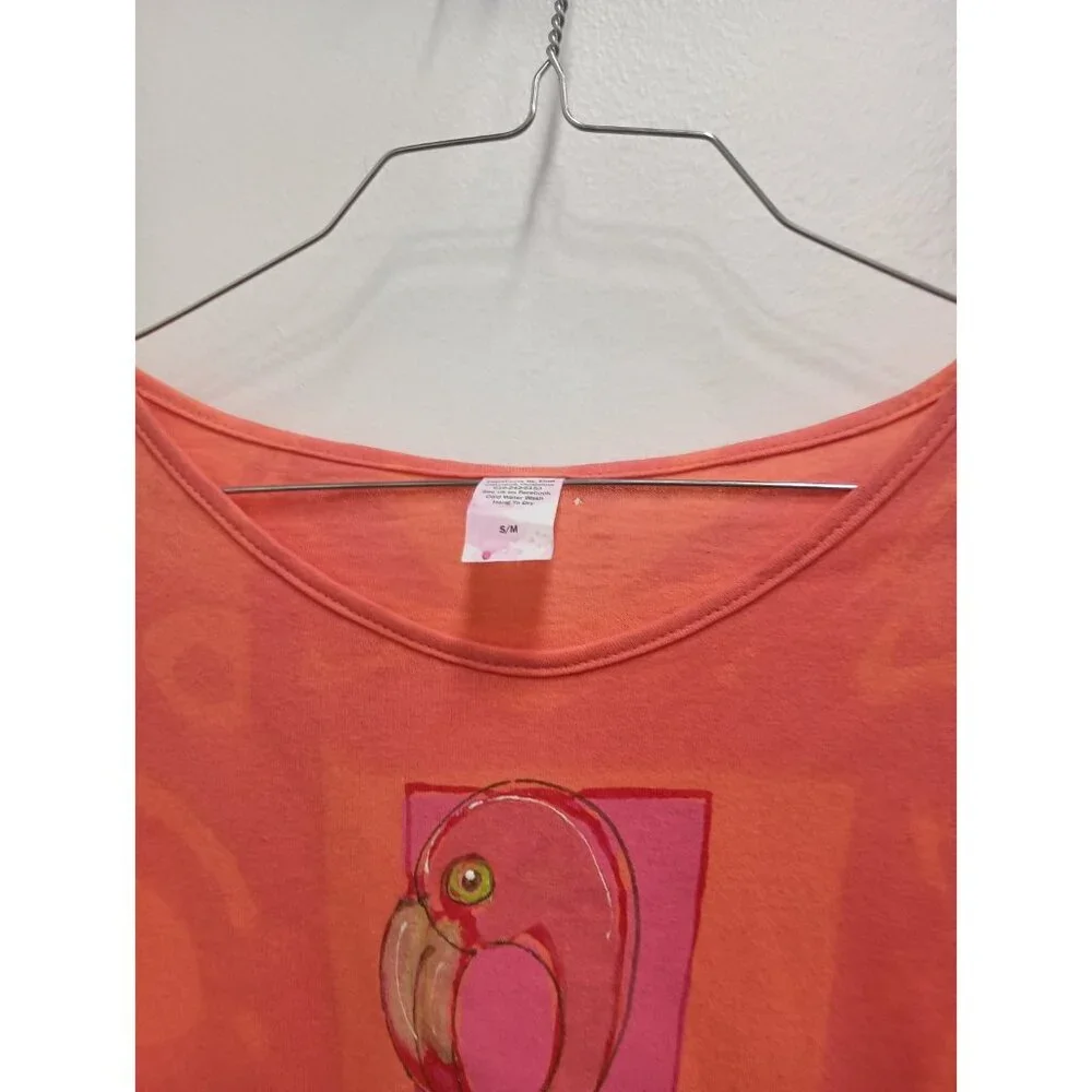 Creation By Tina Womens Wearable Art Tunic Top Small Orange Flamingo Long Sleeve